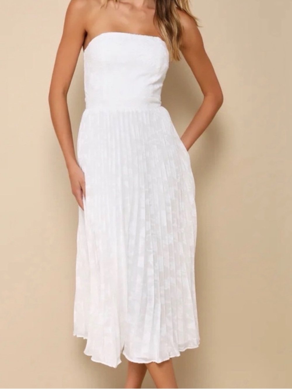 Lulu’s Perfectly Stunning Ivory Jacquard Strapless Midi Dress